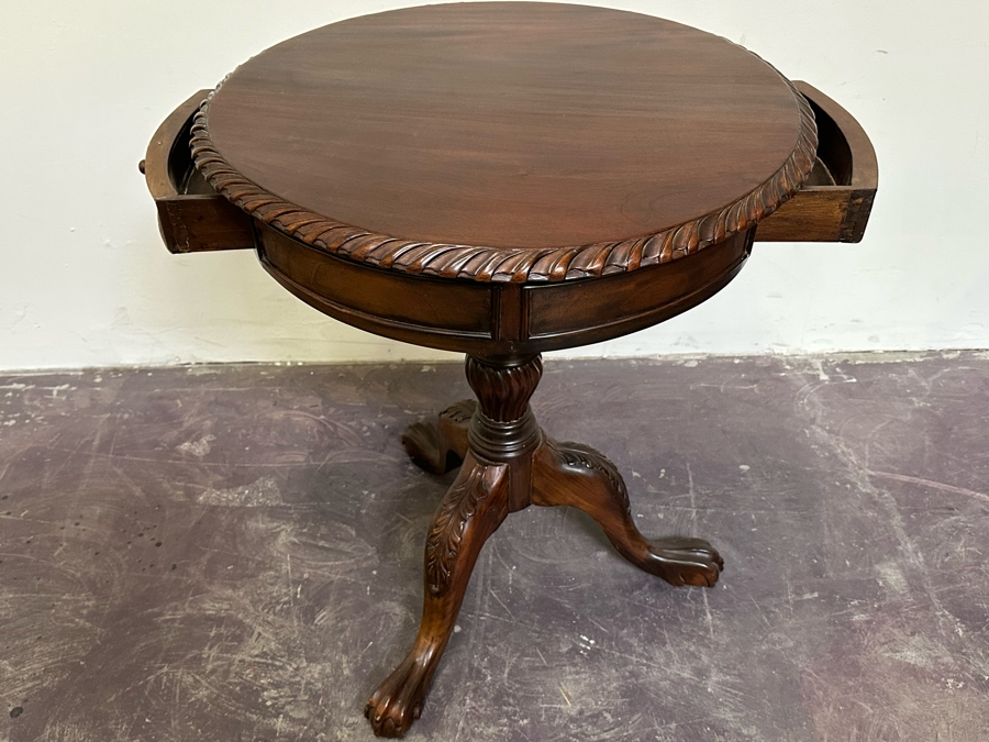 Vintage Wooden Tripod Round Side Table With Pair Of Drawers 24W X 29H [Photo 11]
