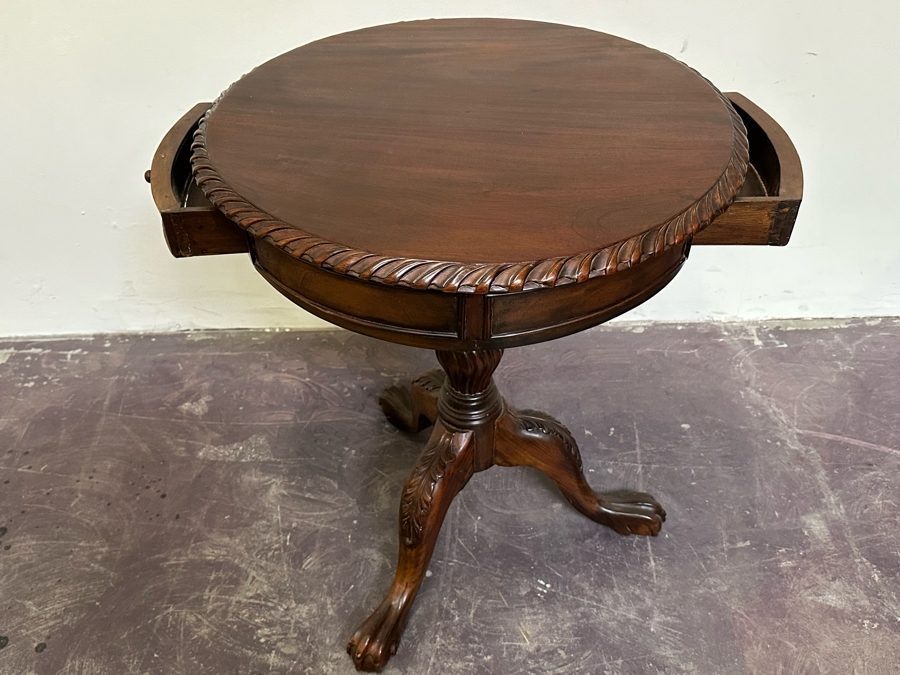 Vintage Wooden Tripod Round Side Table With Pair Of Drawers 24W X 29H [Photo 12]