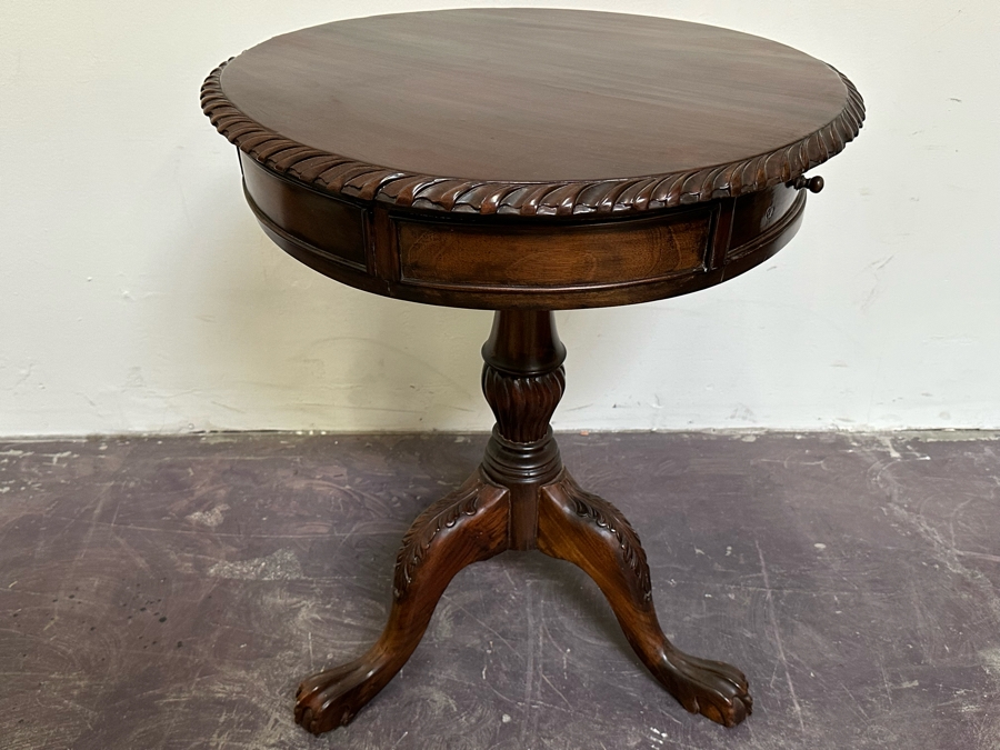 Vintage Wooden Tripod Round Side Table With Pair Of Drawers 24W X 29H [Photo 3]