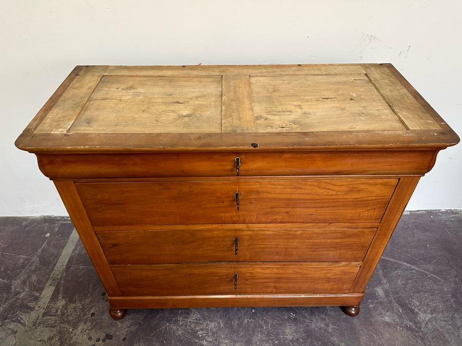 Antique Wooden 4-Drawer Chest Of Drawers Dresser With Lockable Drawers / Skeleton Keys Missing Marble Top 46W X 20D X 38H [Photo 6]