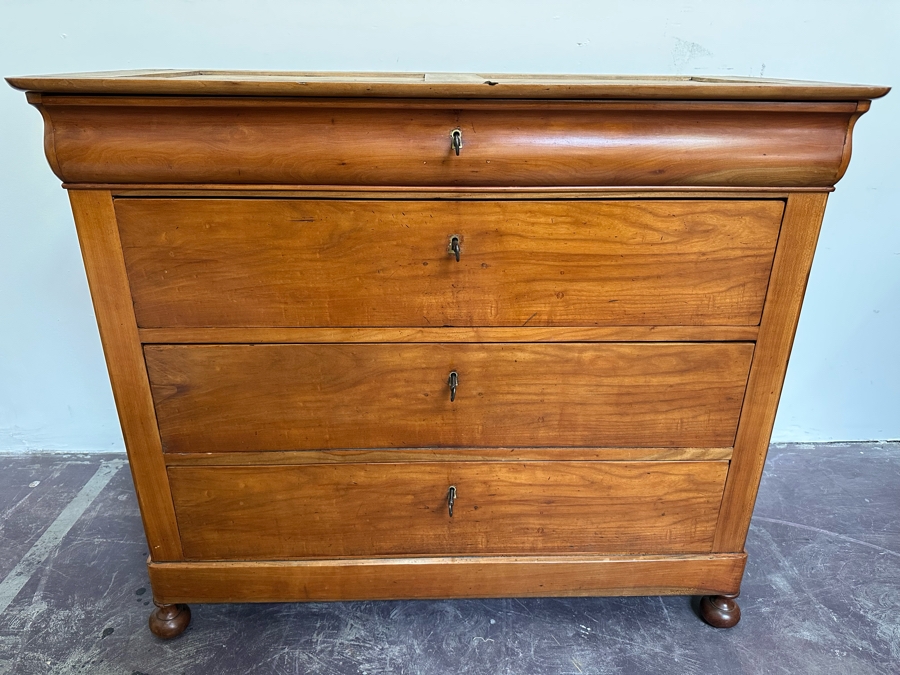 Antique Wooden 4-Drawer Chest Of Drawers Dresser With Lockable Drawers / Skeleton Keys Missing Marble Top 46W X 20D X 38H [Photo 2]