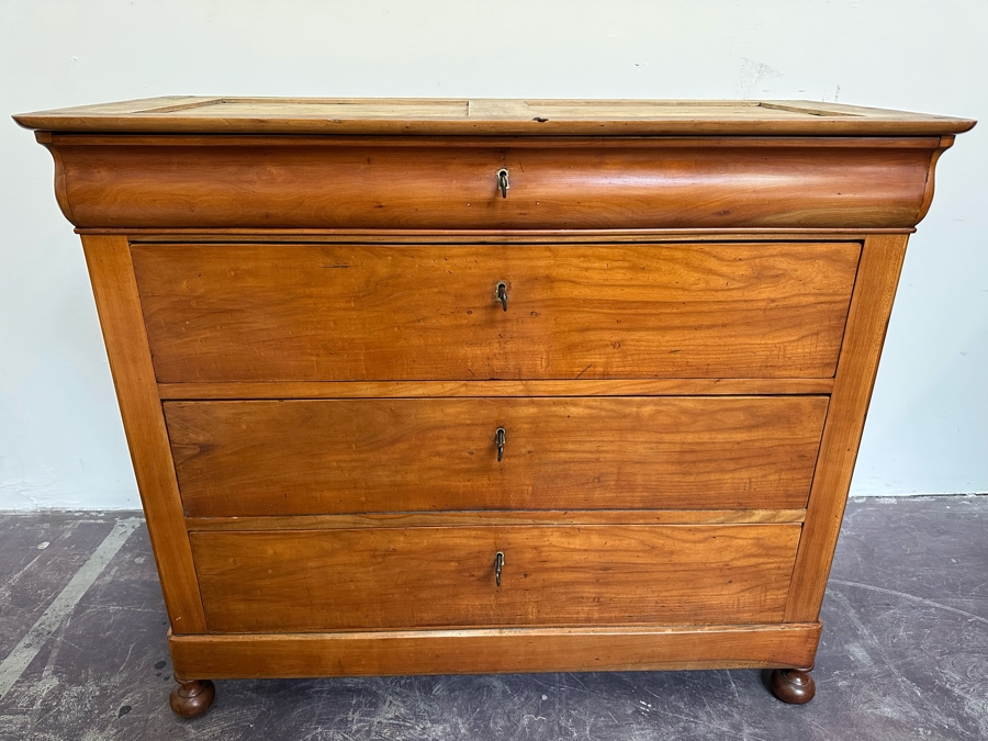 Antique Wooden 4-Drawer Chest Of Drawers Dresser With Lockable Drawers / Skeleton Keys Missing Marble Top 46W X 20D X 38H [Photo 3]
