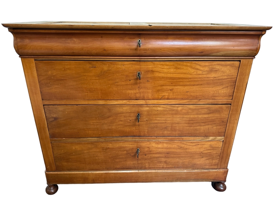 Antique Wooden 4-Drawer Chest Of Drawers Dresser With Lockable Drawers / Skeleton Keys Missing Marble Top 46W X 20D X 38H [Photo 1]