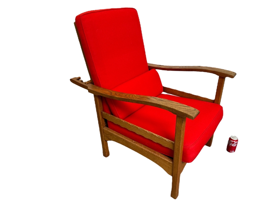 Antique Oak Adjustable Armchair Upholstered With Old Fashioned Military Uniform Fabric In Napoleonic Times 24W X 34D X 34H [Photo 1]