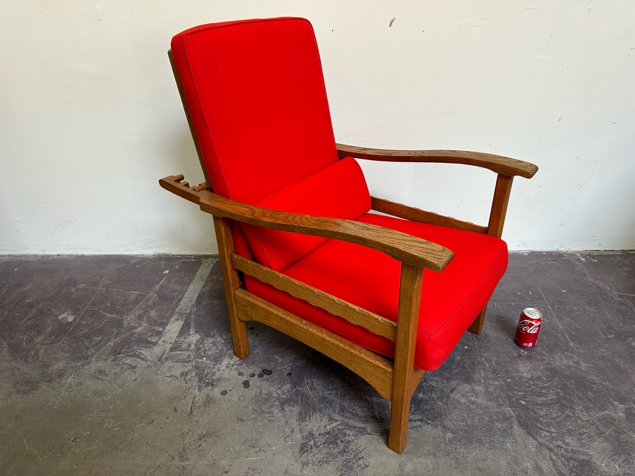 Antique Oak Adjustable Armchair Upholstered With Old Fashioned Military Uniform Fabric In Napoleonic Times 24W X 34D X 34H [Photo 2]