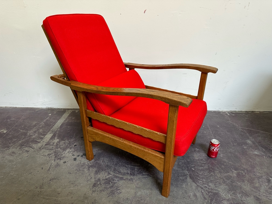 Antique Oak Adjustable Armchair Upholstered With Old Fashioned Military Uniform Fabric In Napoleonic Times 24W X 34D X 34H [Photo 7]