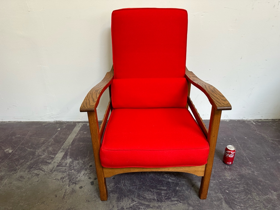 Antique Oak Adjustable Armchair Upholstered With Old Fashioned Military Uniform Fabric In Napoleonic Times 24W X 34D X 34H [Photo 3]