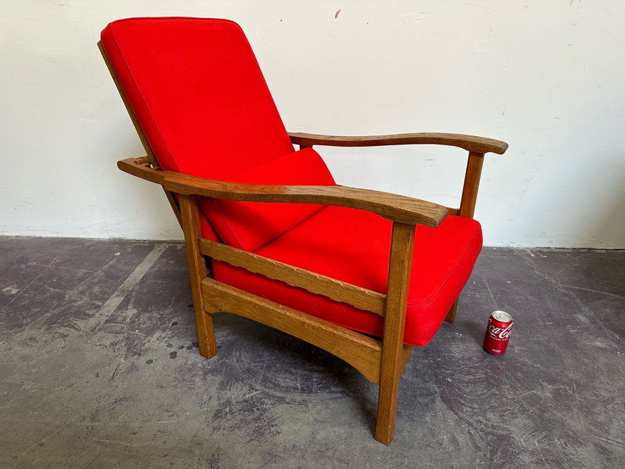 Antique Oak Adjustable Armchair Upholstered With Old Fashioned Military Uniform Fabric In Napoleonic Times 24W X 34D X 34H [Photo 8]