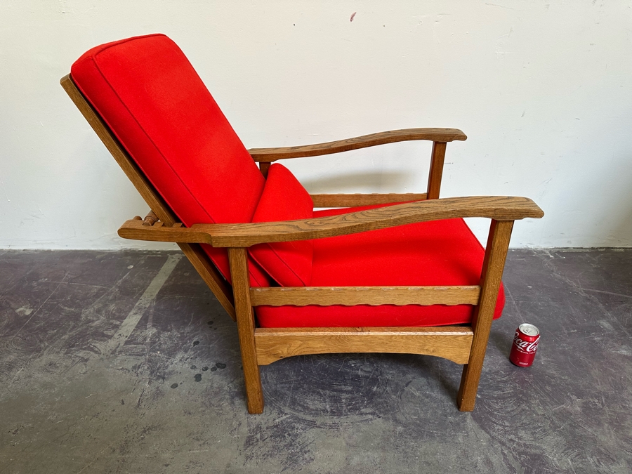 Antique Oak Adjustable Armchair Upholstered With Old Fashioned Military Uniform Fabric In Napoleonic Times 24W X 34D X 34H [Photo 9]