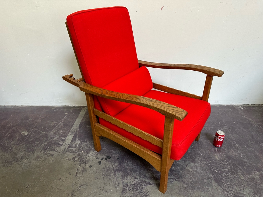 Antique Oak Adjustable Armchair Upholstered With Old Fashioned Military Uniform Fabric In Napoleonic Times 24W X 34D X 34H [Photo 5]