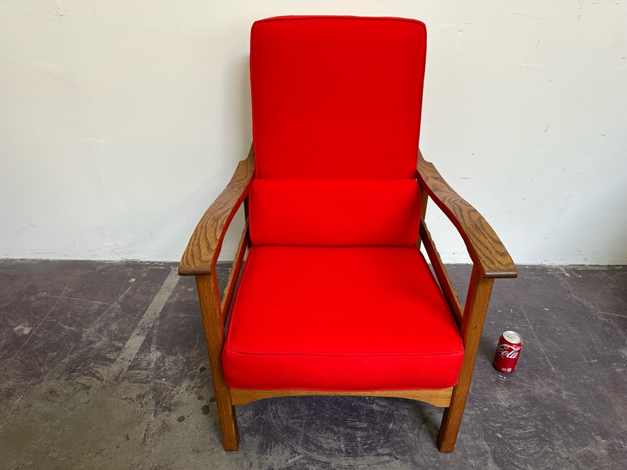 Antique Oak Adjustable Armchair Upholstered With Old Fashioned Military Uniform Fabric In Napoleonic Times 24W X 34D X 34H [Photo 4]