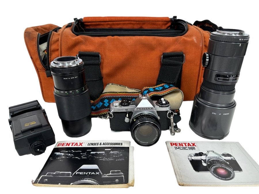 Pentax ME Super Film Camera With Three Lenses Including A Sigma Tele Lens And A Macro Lens With Camera Bag