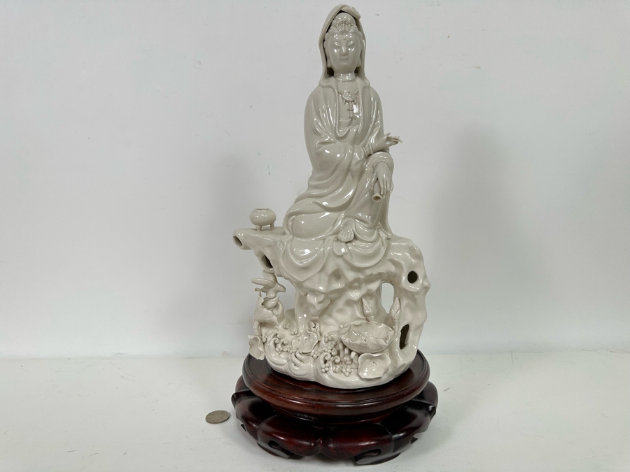 Signed White Porcelain Guan Yin Guanyin Seated Figure With Wooden Stand 8W X 13.5H [Photo 4]