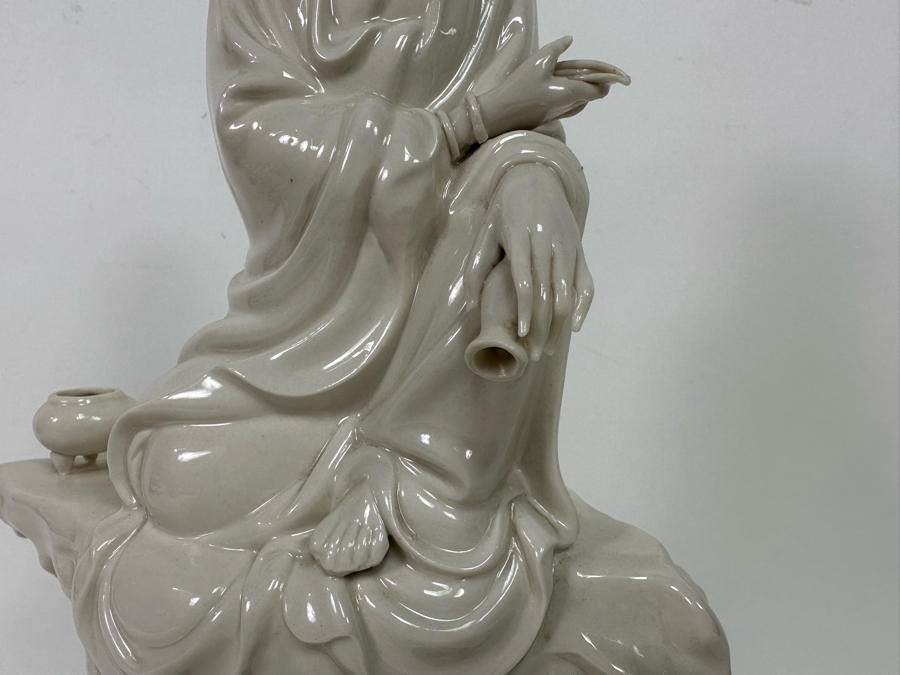 Signed White Porcelain Guan Yin Guanyin Seated Figure With Wooden Stand 8W X 13.5H [Photo 9]