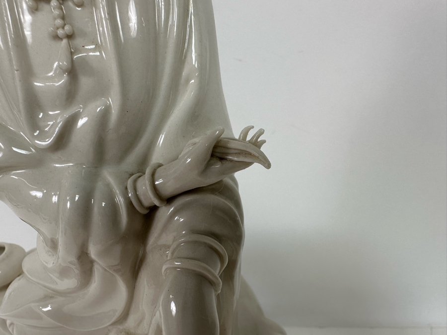 Signed White Porcelain Guan Yin Guanyin Seated Figure With Wooden Stand 8W X 13.5H [Photo 8]