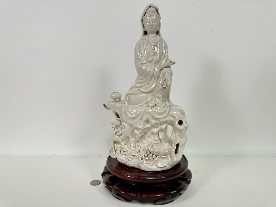 Signed White Porcelain Guan Yin Guanyin Seated Figure With Wooden Stand 8W X 13.5H [Photo 5]