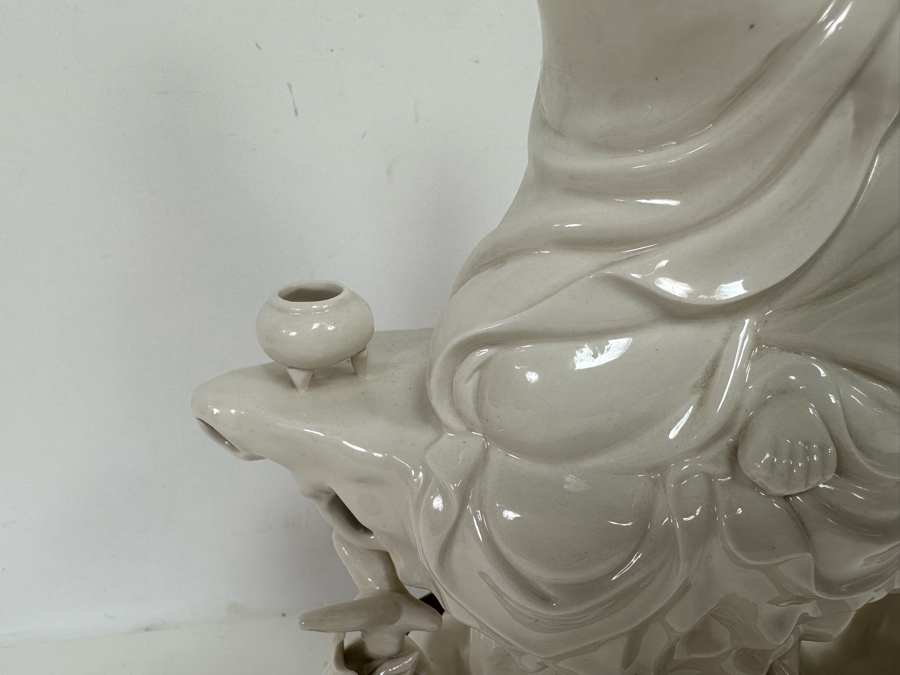 Signed White Porcelain Guan Yin Guanyin Seated Figure With Wooden Stand 8W X 13.5H [Photo 11]