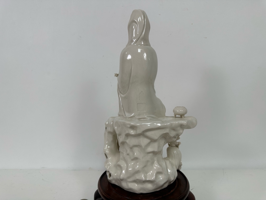 Signed White Porcelain Guan Yin Guanyin Seated Figure With Wooden Stand 8W X 13.5H [Photo 18]