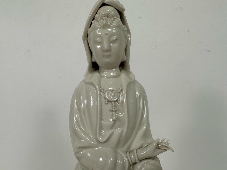 Signed White Porcelain Guan Yin Guanyin Seated Figure With Wooden Stand 8W X 13.5H [Photo 7]
