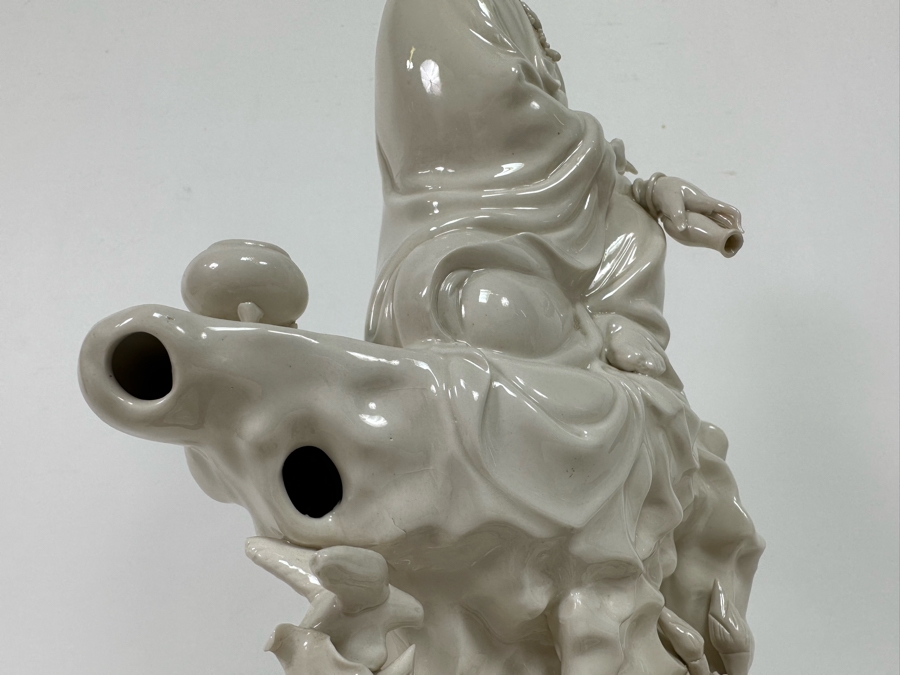 Signed White Porcelain Guan Yin Guanyin Seated Figure With Wooden Stand 8W X 13.5H [Photo 16]