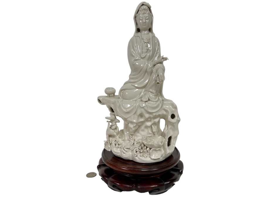 Signed White Porcelain Guan Yin Guanyin Seated Figure With Wooden Stand 8W X 13.5H [Photo 2]
