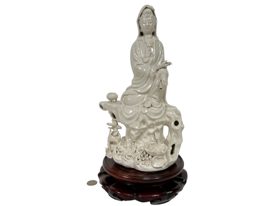 Signed White Porcelain Guan Yin Guanyin Seated Figure With Wooden Stand 8W X 13.5H [Photo 1]