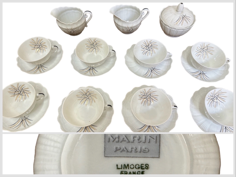 Limoges France Marin Paris, Set Of Eight Cups And Saucers Plus Pair Of Creamers And Sugar Bowl