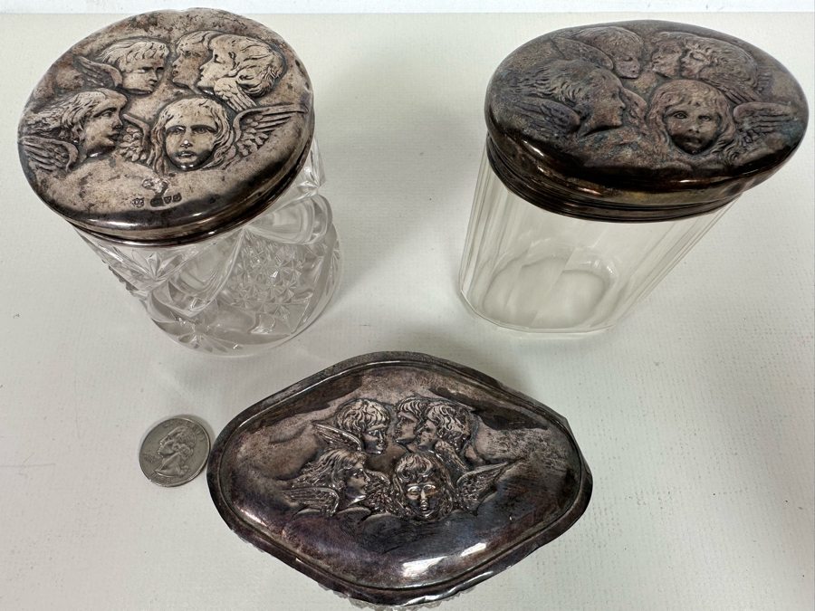 Antique English Hallmarked Sterling Silver Repousse Cherub Dresser Jars [Photo 3]