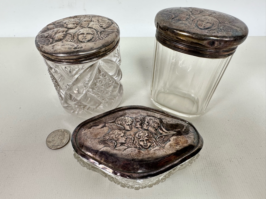 Antique English Hallmarked Sterling Silver Repousse Cherub Dresser Jars [Photo 24]