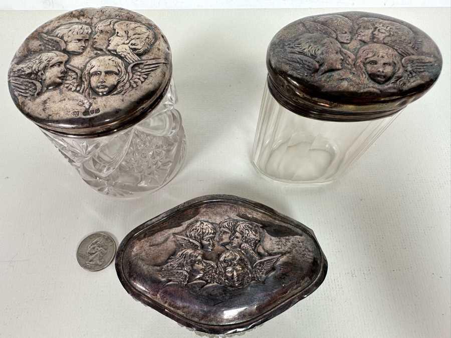 Antique English Hallmarked Sterling Silver Repousse Cherub Dresser Jars [Photo 4]