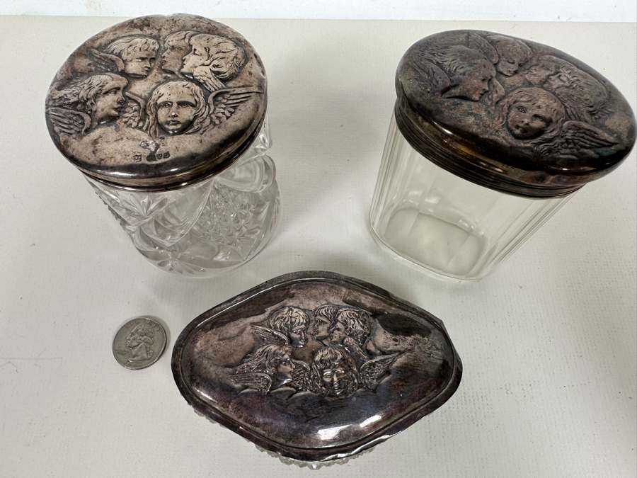 Antique English Hallmarked Sterling Silver Repousse Cherub Dresser Jars [Photo 8]