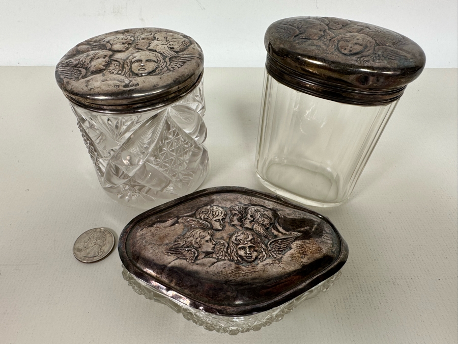 Antique English Hallmarked Sterling Silver Repousse Cherub Dresser Jars [Photo 23]