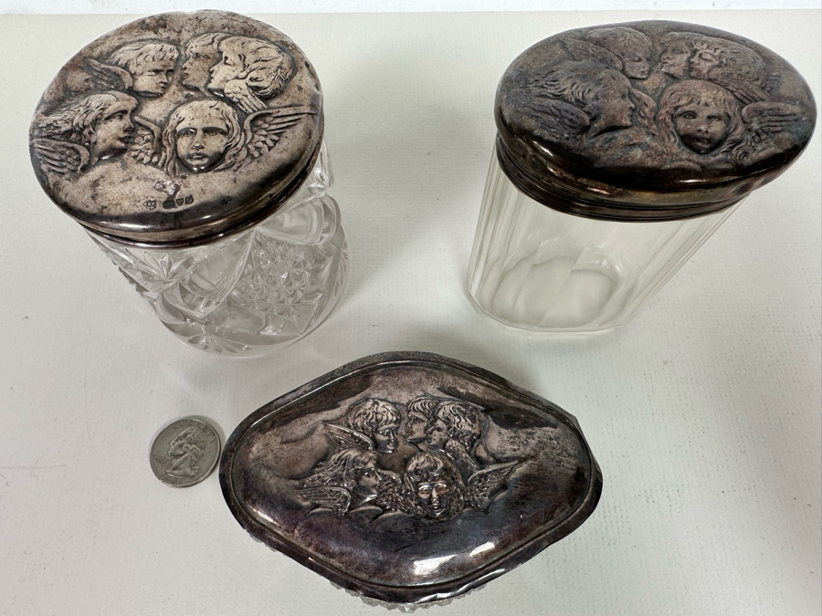 Antique English Hallmarked Sterling Silver Repousse Cherub Dresser Jars [Photo 2]