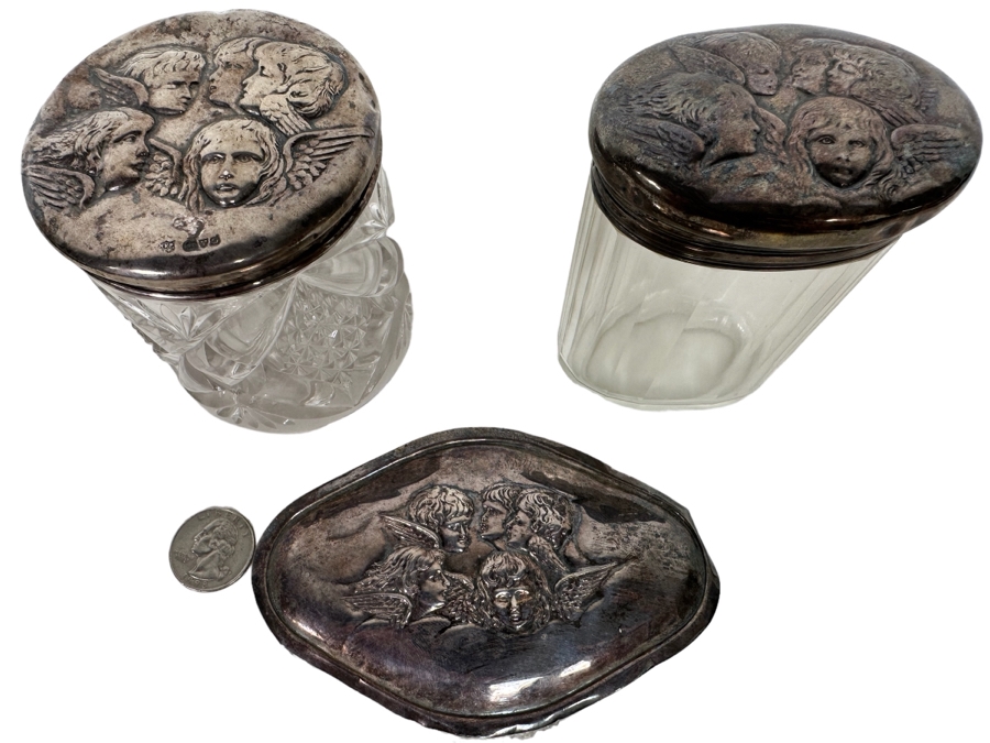 Antique English Hallmarked Sterling Silver Repousse Cherub Dresser Jars