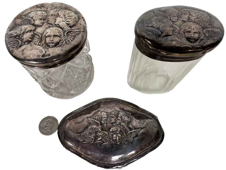 Antique English Hallmarked Sterling Silver Repousse Cherub Dresser Jars [Photo 1]