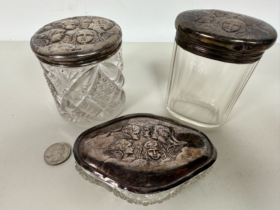 Antique English Hallmarked Sterling Silver Repousse Cherub Dresser Jars [Photo 7]
