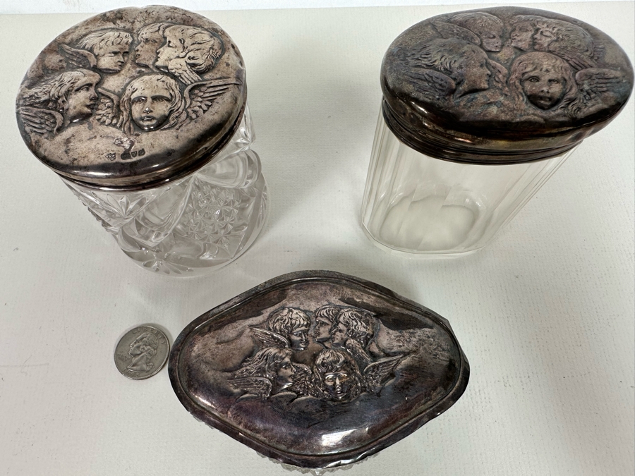 Antique English Hallmarked Sterling Silver Repousse Cherub Dresser Jars [Photo 5]