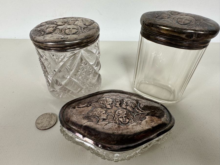 Antique English Hallmarked Sterling Silver Repousse Cherub Dresser Jars [Photo 6]