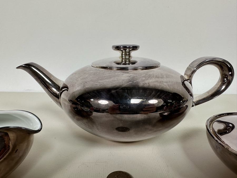 Heinrich Silverplate Over Porcelain Teapot 10W X 4.5H With Sugar And Creamer [Photo 4]