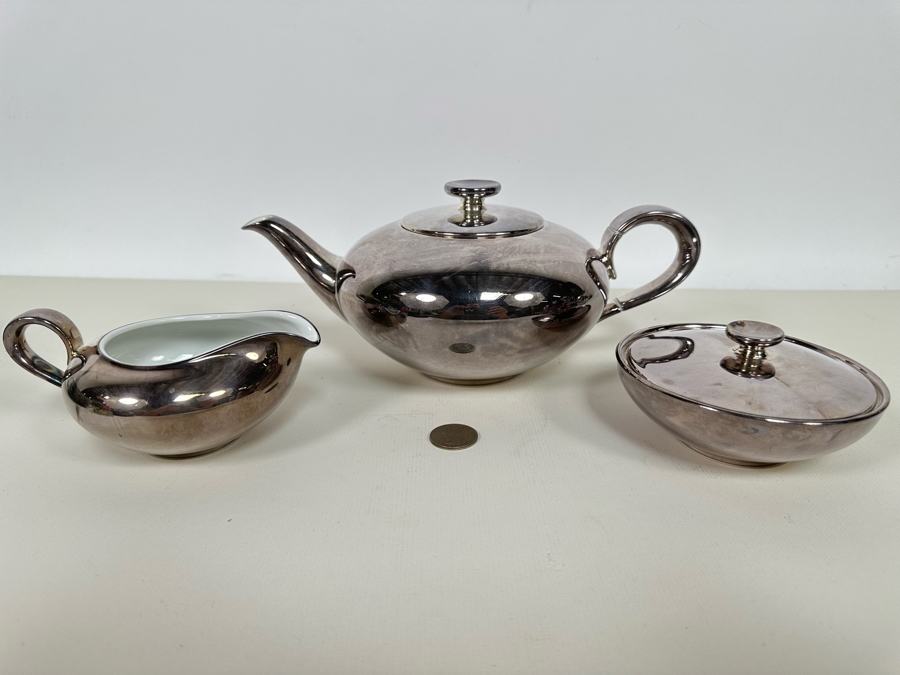 Heinrich Silverplate Over Porcelain Teapot 10W X 4.5H With Sugar And Creamer [Photo 2]