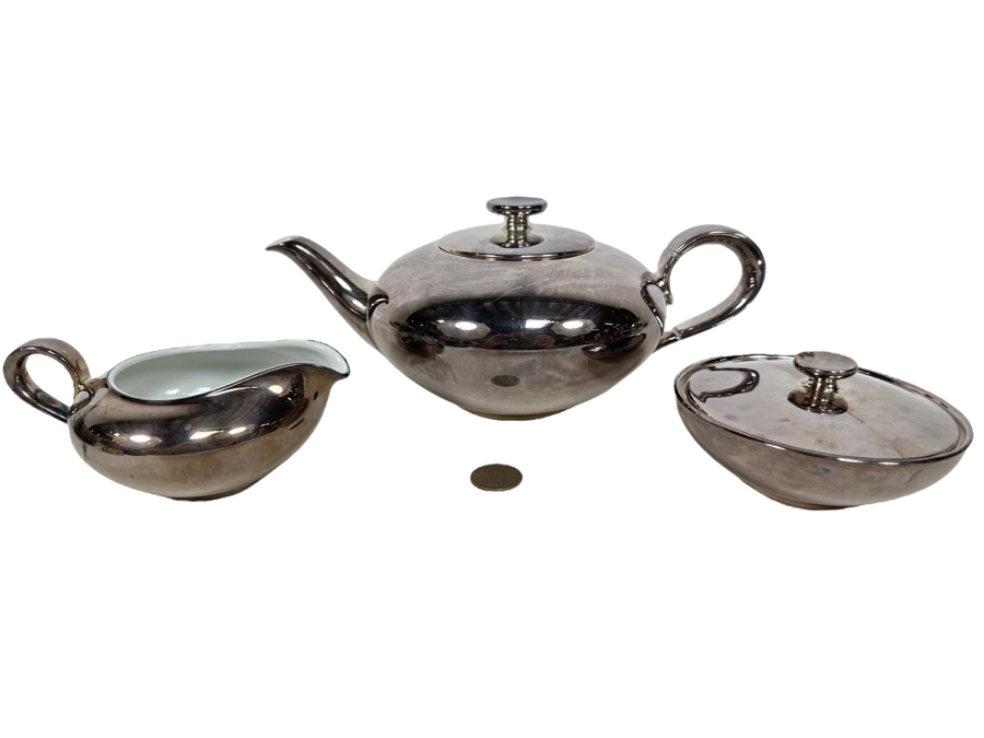 Heinrich Silverplate Over Porcelain Teapot 10W X 4.5H With Sugar And Creamer [Photo 1]