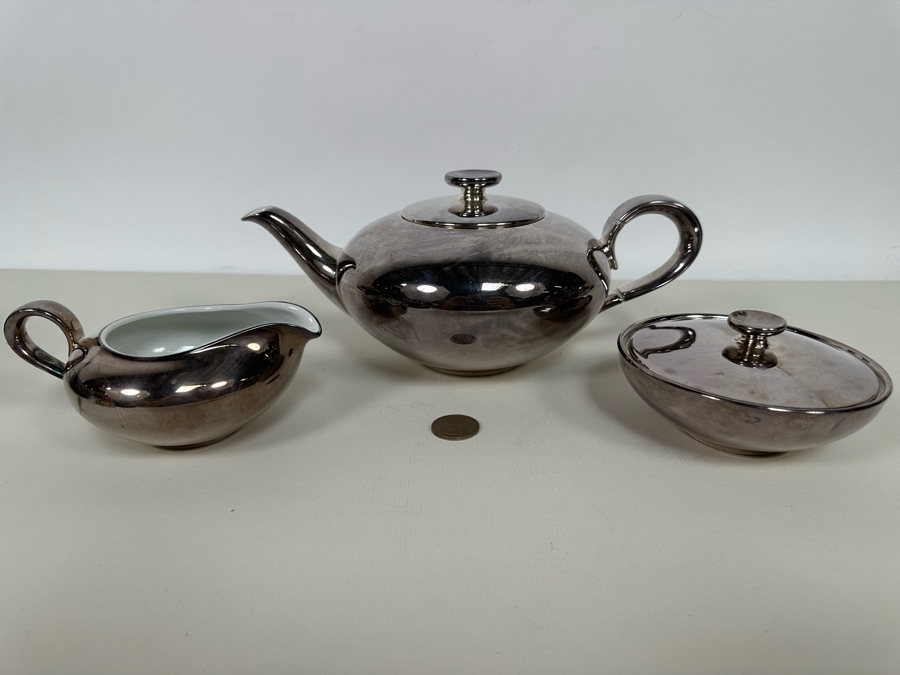 Heinrich Silverplate Over Porcelain Teapot 10W X 4.5H With Sugar And Creamer [Photo 3]