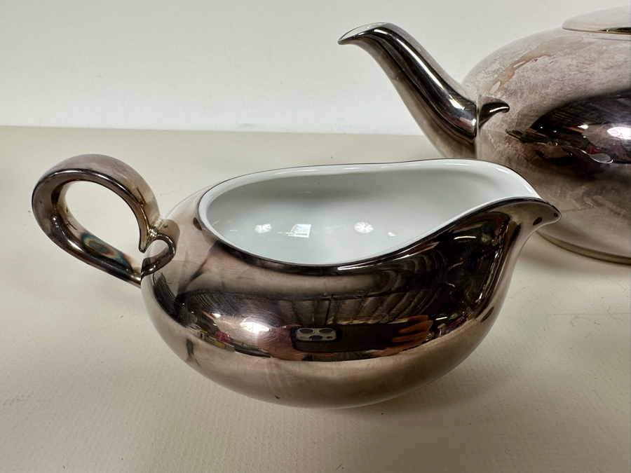 Heinrich Silverplate Over Porcelain Teapot 10W X 4.5H With Sugar And Creamer [Photo 5]