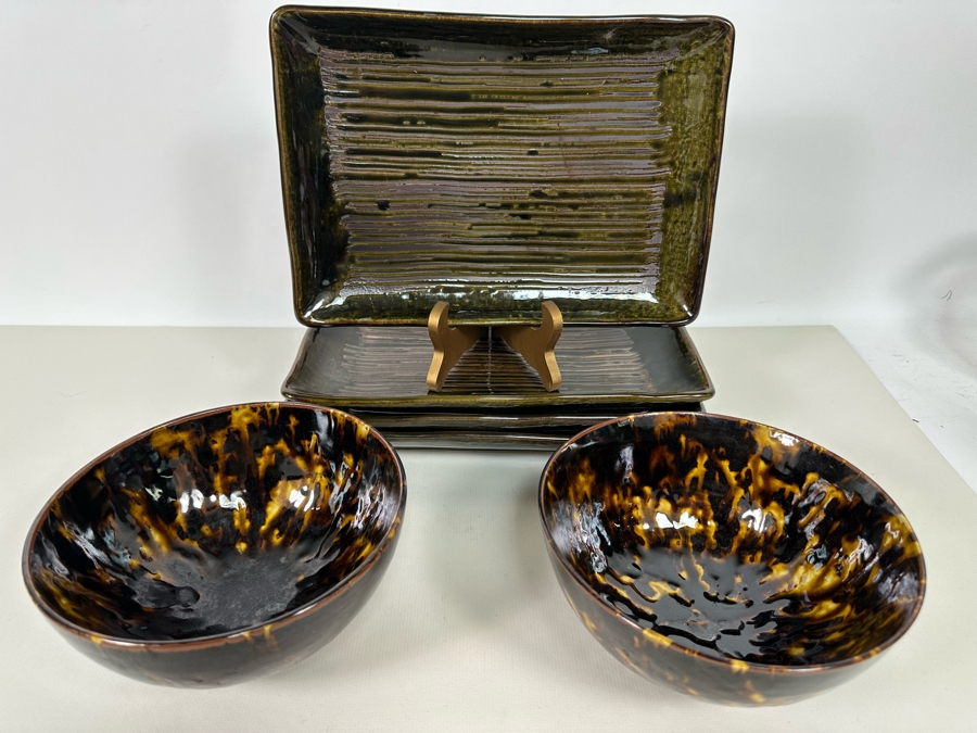 Pair Of Gump's Glazed Pottery Bowls 7W And Set Of Four Glazed Serving Trays 11 X 8  [Photo 2]