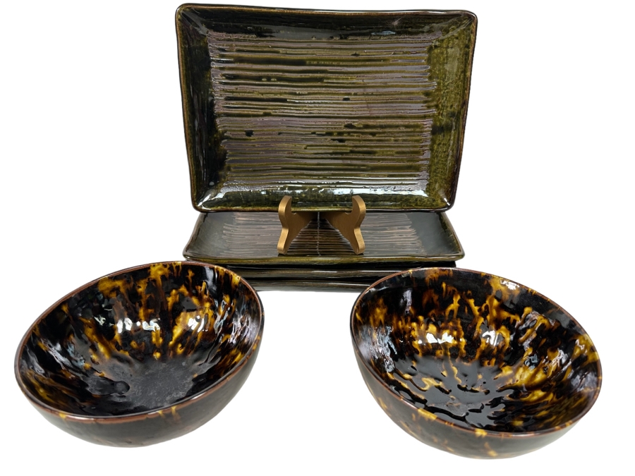 Pair Of Gump's Glazed Pottery Bowls 7W And Set Of Four Glazed Serving Trays 11 X 8  [Photo 1]
