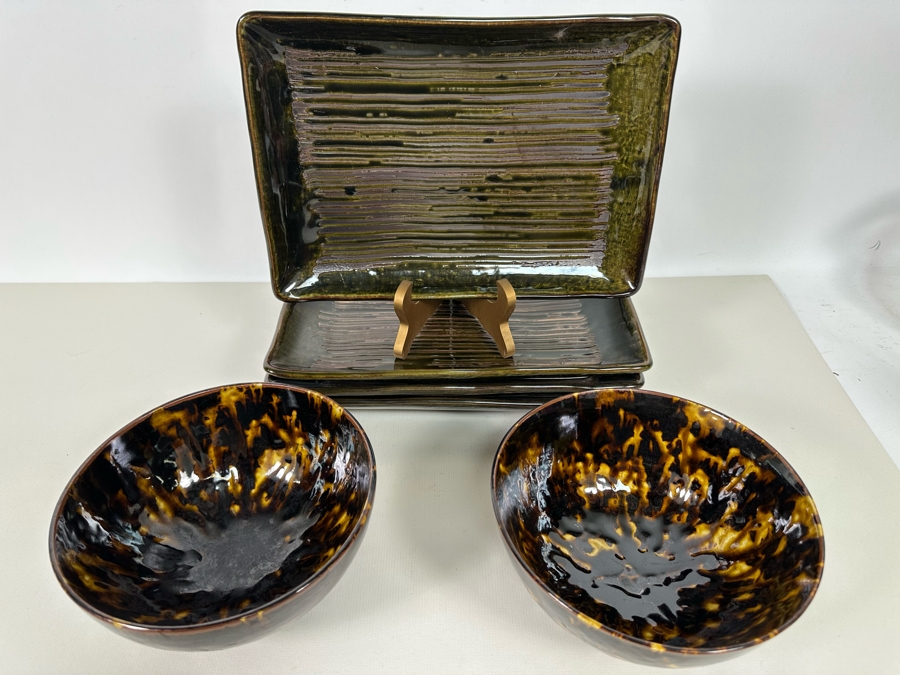 Pair Of Gump's Glazed Pottery Bowls 7W And Set Of Four Glazed Serving Trays 11 X 8  [Photo 3]