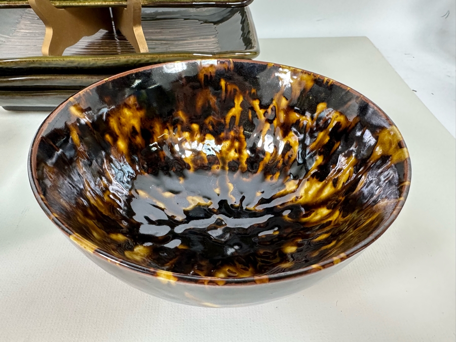 Pair Of Gump's Glazed Pottery Bowls 7W And Set Of Four Glazed Serving Trays 11 X 8  [Photo 4]
