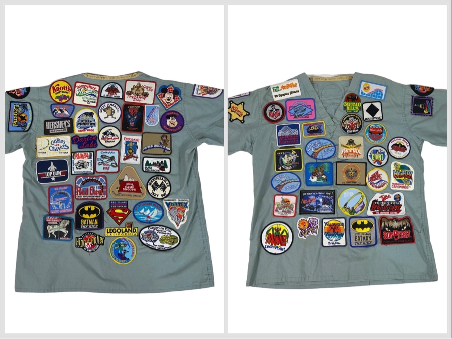 Huge Collection Of Vintage Amusement Park / Theme Park Patches Sewn Onto Scrub Shirt - See Photos