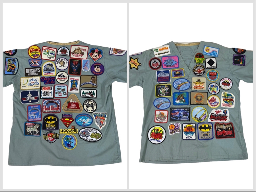 Huge Collection Of Vintage Amusement Park / Theme Park Patches Sewn Onto Scrub Shirt - See Photos [Photo 1]