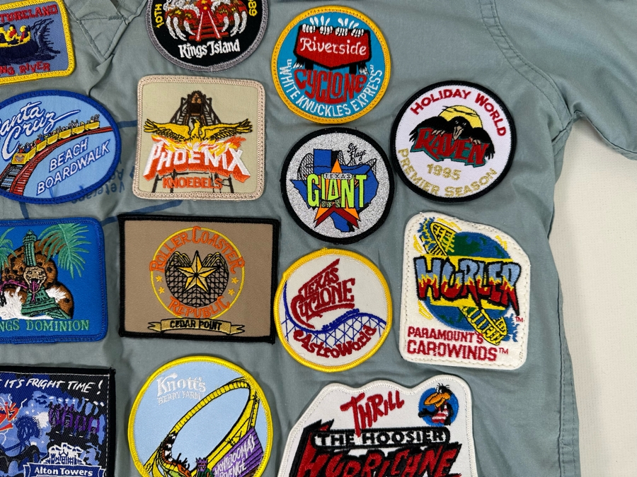Huge Collection Of Vintage Amusement Park / Theme Park Patches Sewn Onto Scrub Shirt - See Photos [Photo 6]